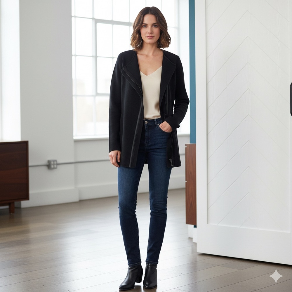 Eileen Fisher Black silk cotton knit moto jacket w/leather trim /old money